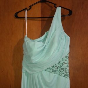 David’s Bridal one-shoulder dress with lace inset